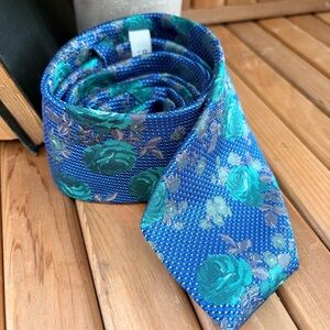 Perry Ellis Portfolio Blue Green Floral Silk Tie Woven Rose Pattern